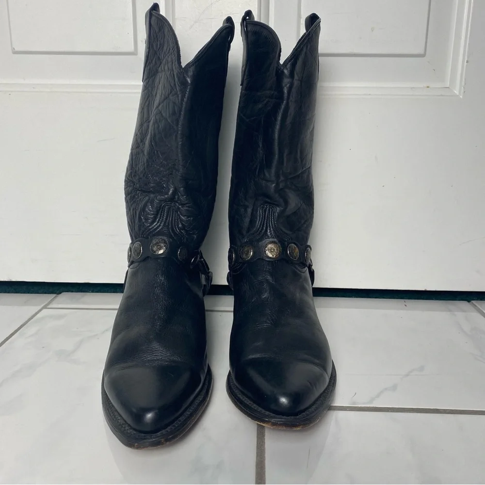 Vintage 80s 90s black leather western silver concho Moto cowboy boot Abilene 9 - Picture 2 of 8